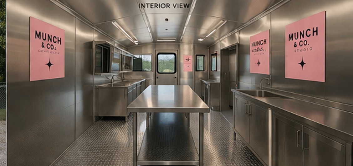 Inside the Munch & Co. bus: stainless steel prep kitchen with pink brand panels